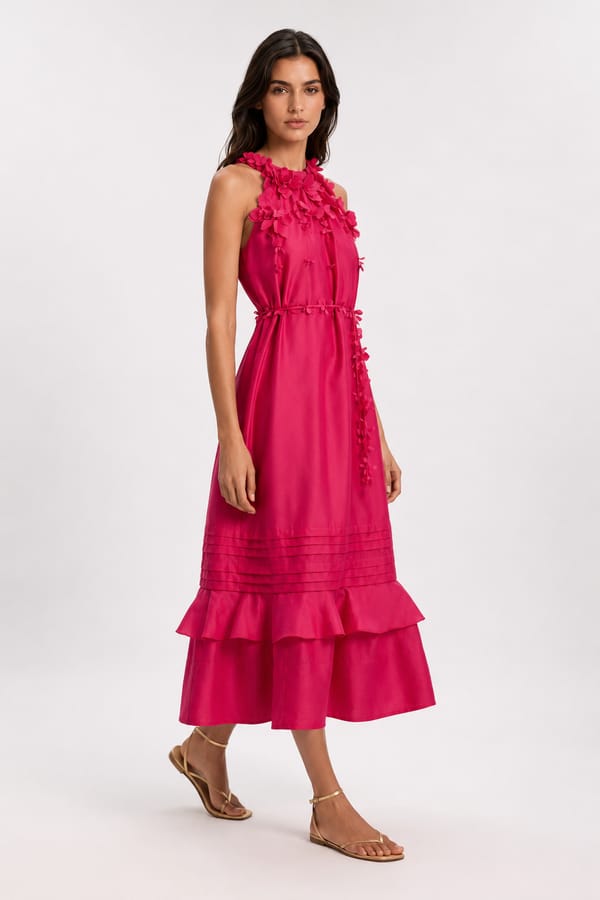 Floral Applique Woven Halter Woven Tier Maxi Dress — KAREN MILLEN