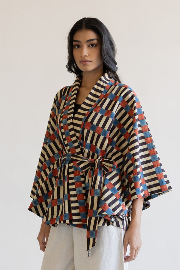 Multicolor Striped Kimono Overlay with Detachable Belt — Vraj Bhoomi