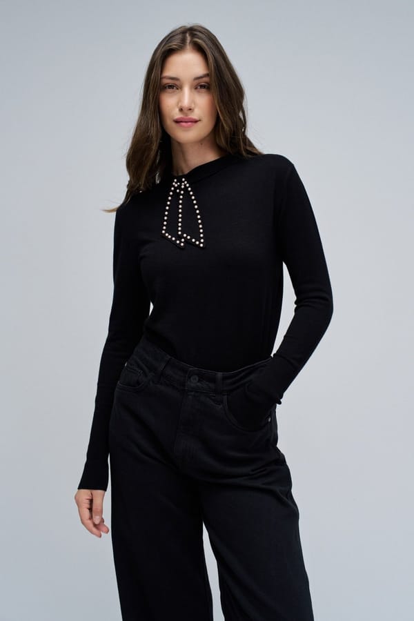 Black Knit Sweater with Pearl Bow Neckline — SALSA JEANS