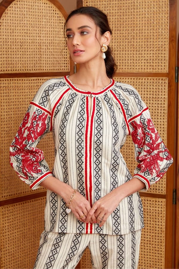 Off-White Striped Embroidered 3/4 Sleeve Cotton Blouse — BOHO-CHIC