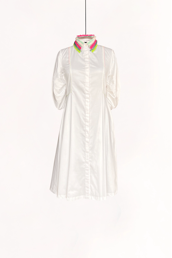 White Button-Down Midi Shirt Dress with Embellished Collar — Our Love