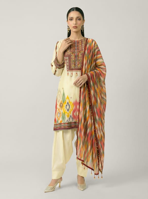 Off-White Printed Muslin Silk Kurta Set with Dupatta — SAUNDH