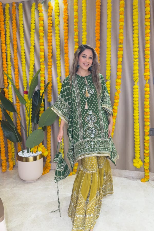 Green Kaftan and Mustard Gharara Co-ord Set — Surkh Syahi