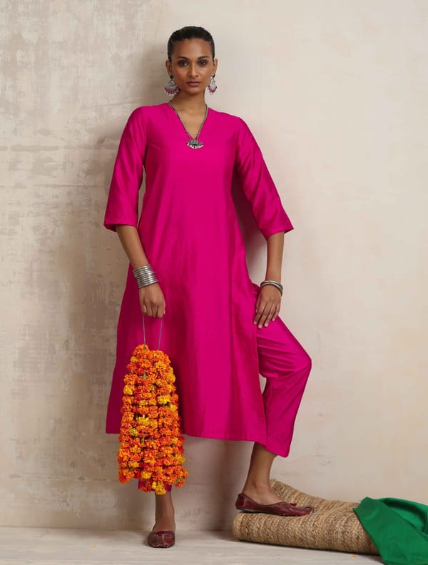 Pink Silk Blend High Slit Kurta Set — Truebrowns