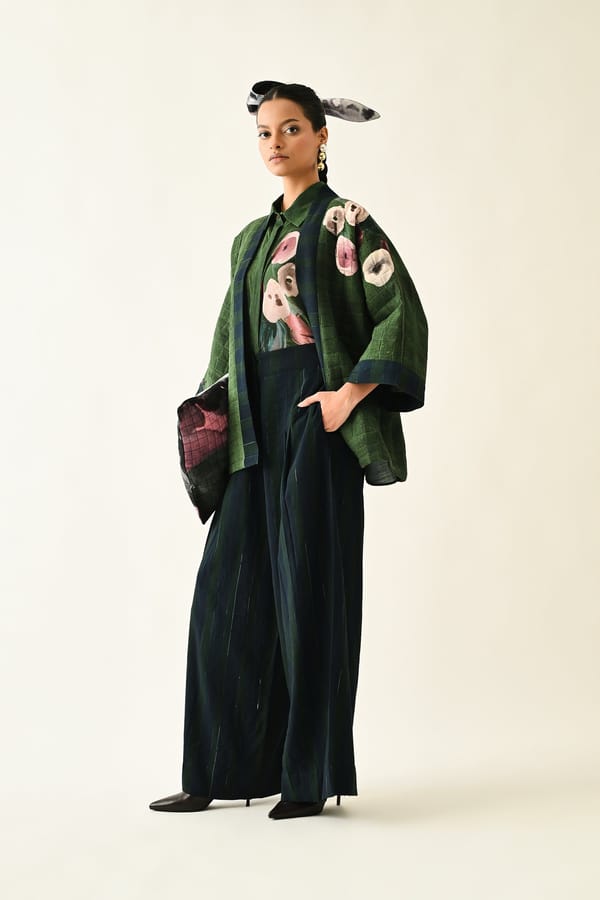 Green Abstract Print Wide-Leg Pleated Trousers — Ofrida