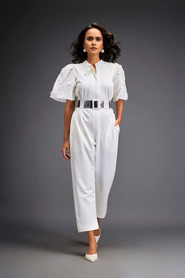White Ponte Roma Jumpsuit with Metallic Belt and Embellished Sleeves — Deepika Arora