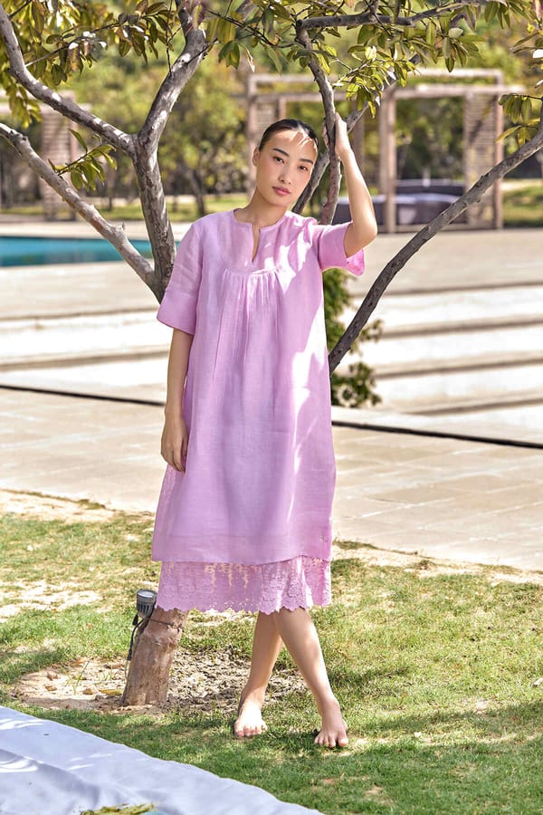Lilac Linen Midi Shift Dress with Lace Hem — YELL
