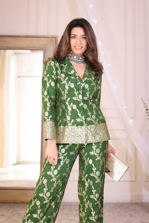 Green Brocade Floral Co-ord Set with Gold Border — Design By Queen Bee