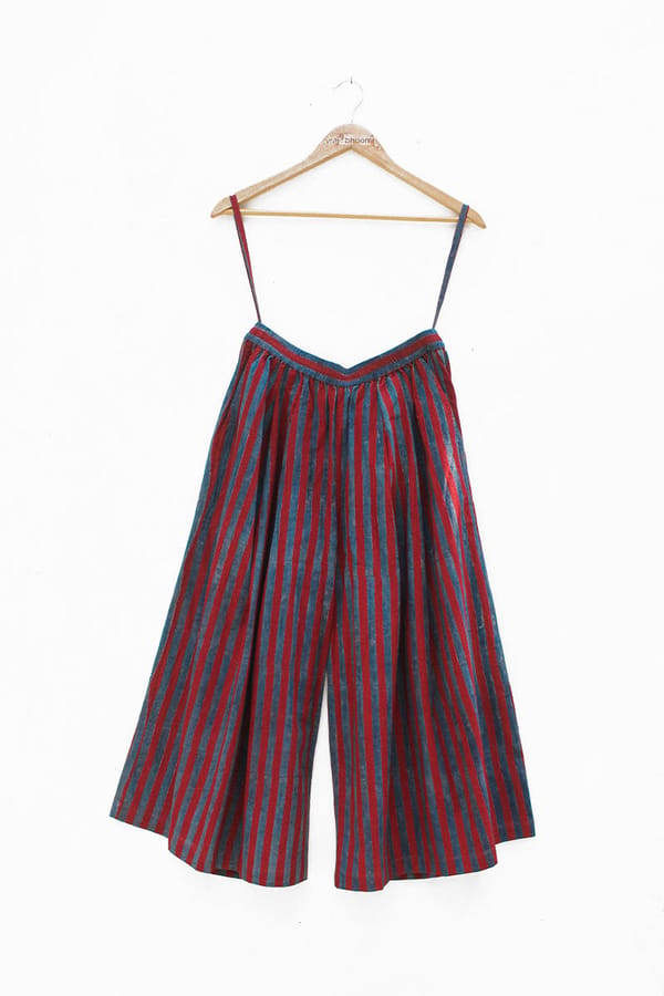 Red and Indigo Striped Cotton Culottes with Elastic Waist — Vraj Bhoomi