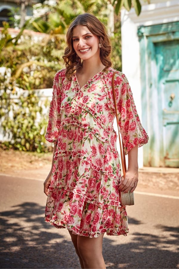 Ivory/Pink Floral Printed Chiffon Tiered Mini Dress — BOHO-CHIC