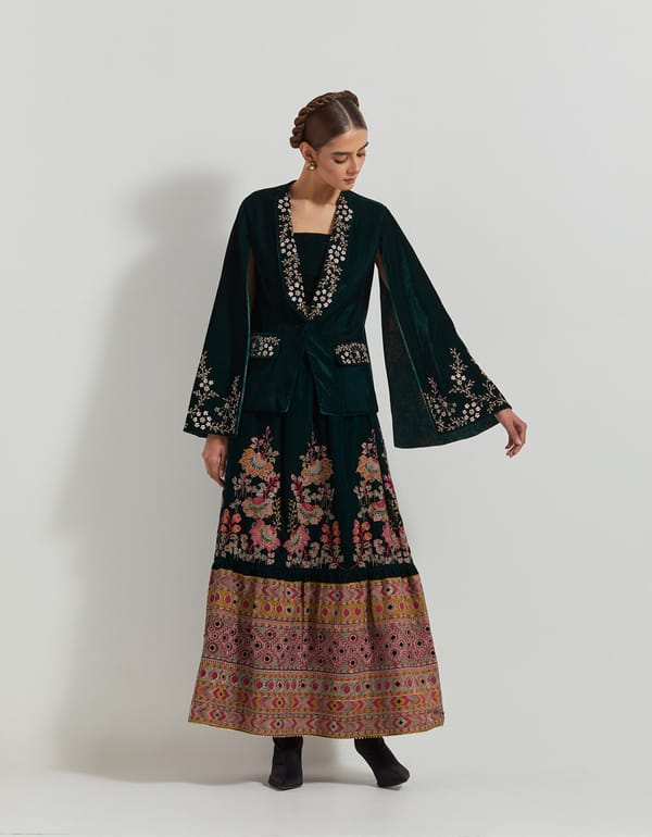 Bottle Green Velvet Jacket, Bustier and Maxi Skirt Co-ord Set — Kavita Bhartia