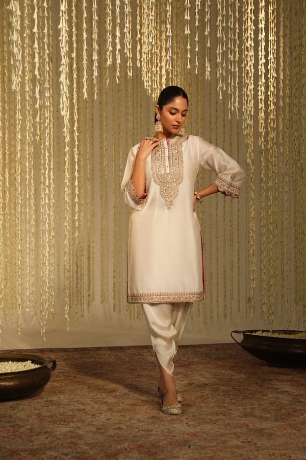 Daisy Ivory Embroidered Straight Kurta Set with Dhoti — Sheetal Batra