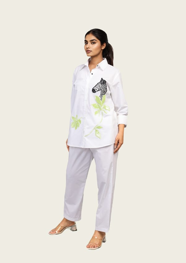 White Cotton Shirt and Pants Co-ord Set with Zebra Embroidery — Richa Goenka