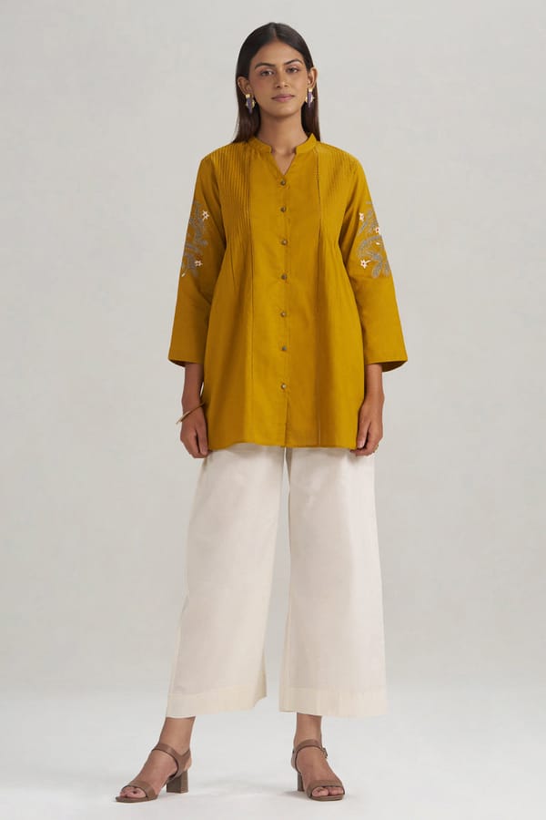 Mustard Mul-Mul Embroidered Tunic — Ganga Fashions Pvt Ltd