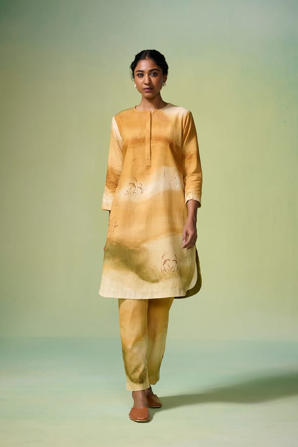 Beige Ochre Art Print Linen-Cotton Kurta Set — Dressfolk
