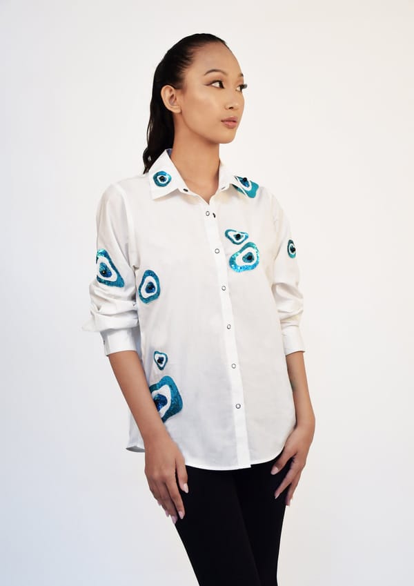 White Cotton Shirt with Evil Eye Embroidery — Richa Goenka