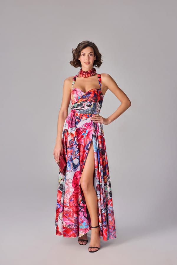 Multi Floral Print Sweetheart Neck Maxi Dress with Slit — Saaksha and Kinni
