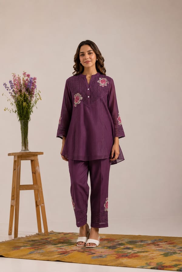 Mul Chanderi Shirt Set with V-Lace Yoke — Omi Clothing