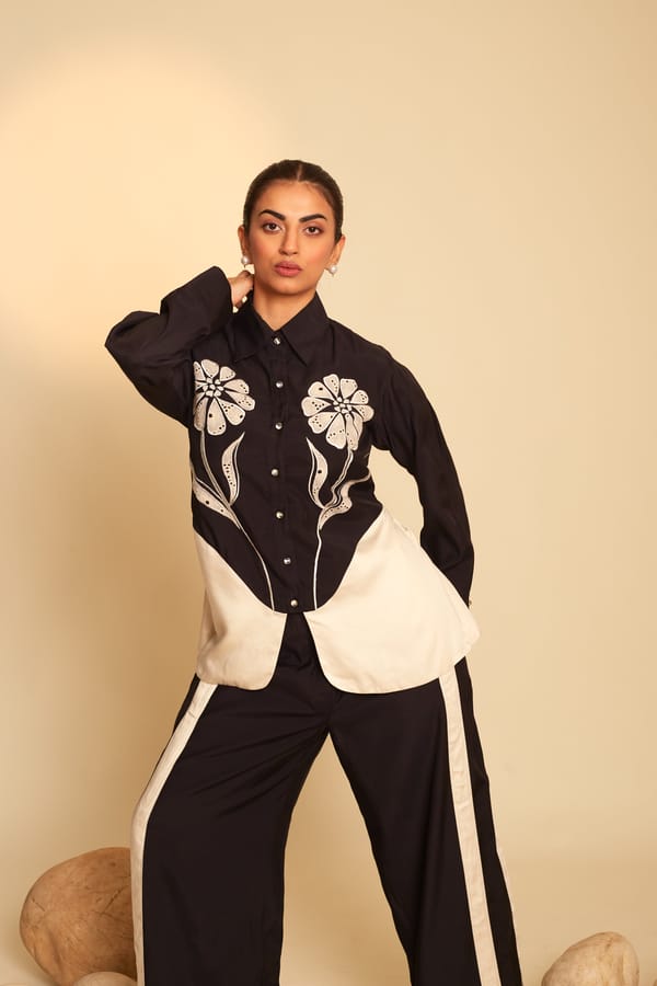 Black and Cream Embroidered Shirt and Pants Co-ord Set — An'era by Asmita Verma