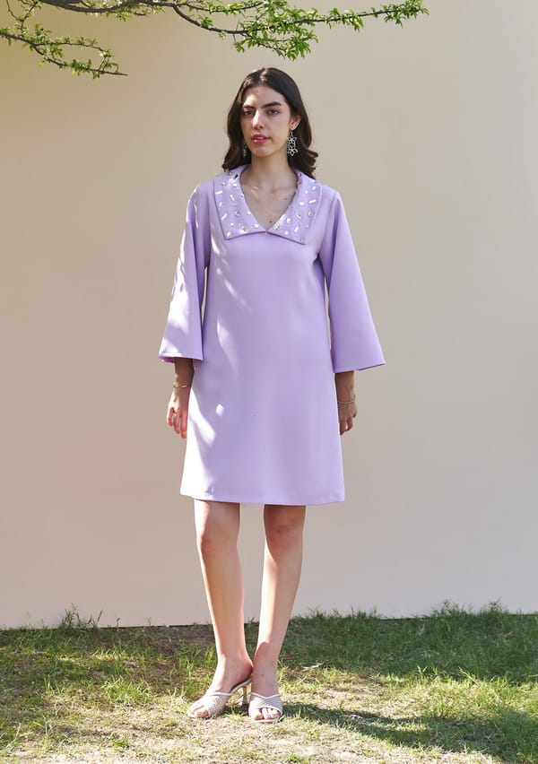 Lilac Crepe Shift Dress with Rhinestone Collar — AMOSHI