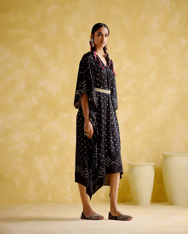 Black Bandhani Kaftan with Beaded Belt — 5 Elements