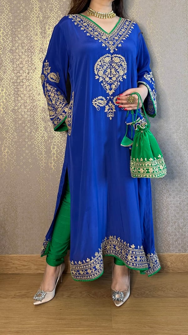 Blue Crepe Phiran With Churidaar And Potli — Kylee Fashions