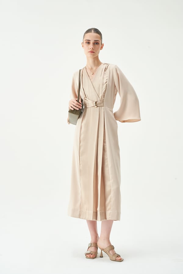 Sand Crepe Satin Wrap Belted Midi Dress — NOTEBOOK