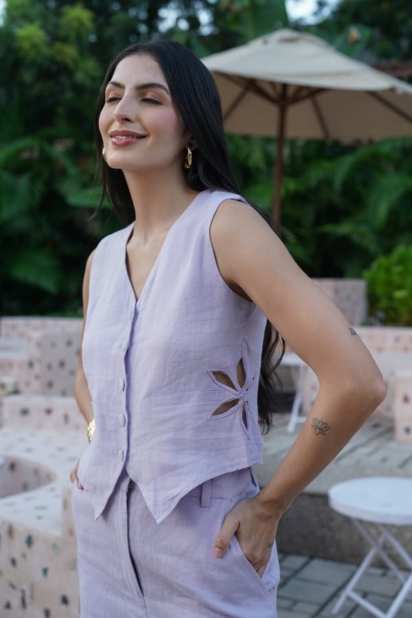 Lilac Linen Button-Front Vest Top with Side Cutwork — Akirah