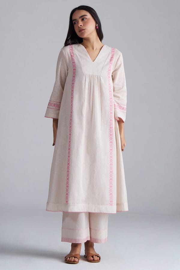 Ivory and Pink Printed A-Line Kurta Co-ord Set — Ganga Fashions Pvt Ltd