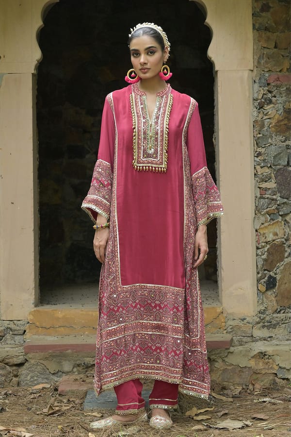 Pink Solid Crepe A Line Long Suit With Printed Borders — ISHUM By Karan Kapoor