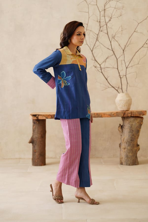 Blue and Pink Printed Collared Co-ord Set — NEETIKA CHOPRA