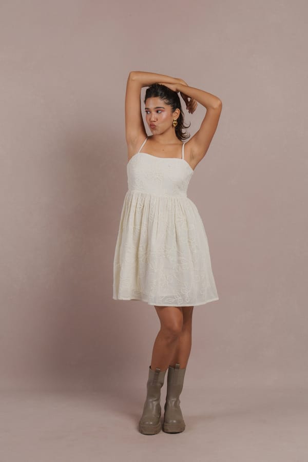 Pink Linen Embroidered Fit and Flare Mini Dress — Label Sugar