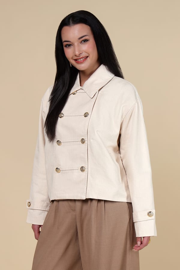 Beige Tailored Double-Breasted Style Button Jacket — ASPRIN FASHION