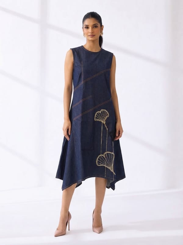 Denim Blue Sleeveless A-Line Midi Dress — KIHIKI