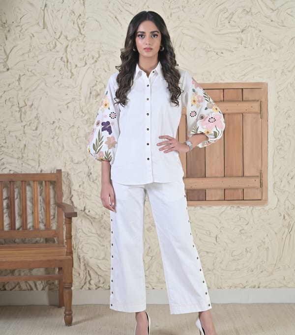Botanical Small Flower Coord Set With Button Pant & Short Balloon Sleeve — RUCHIKA MALLIKA LABEL
