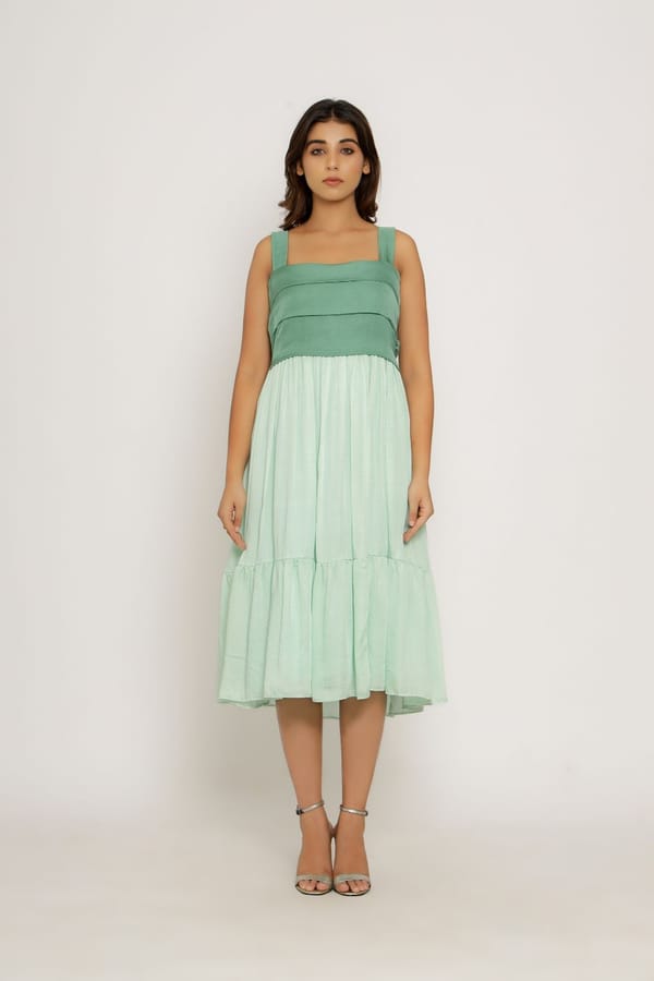 Teal and Tea Green Two-Tone Square Neck Midi Dress — Neora