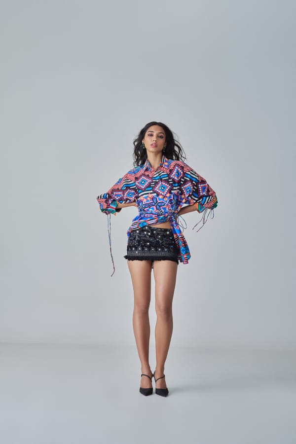 Black Satin Mirror Work Mini Skirt with Tassel Hem — Saaksha and Kinni