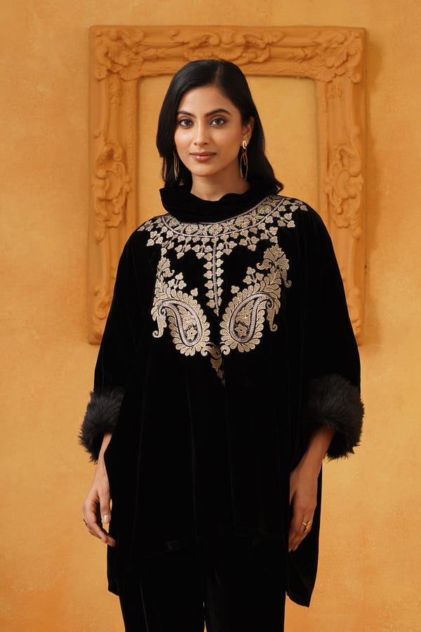 Black Velvet Embroidered Poncho with Fur-Trim Cuffs — NEETIKA CHOPRA