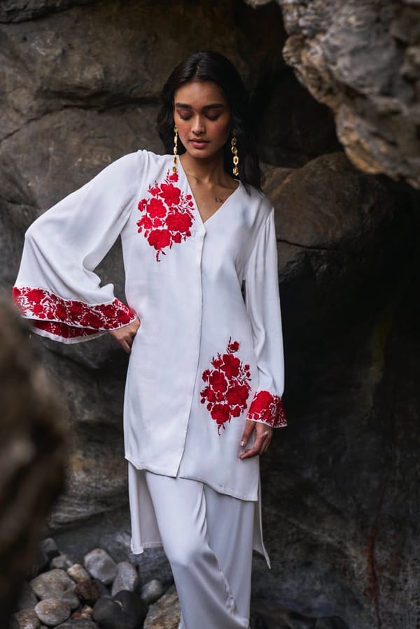 White Longline V-Neck Top with Red Floral Embroidery — Dash and Dot