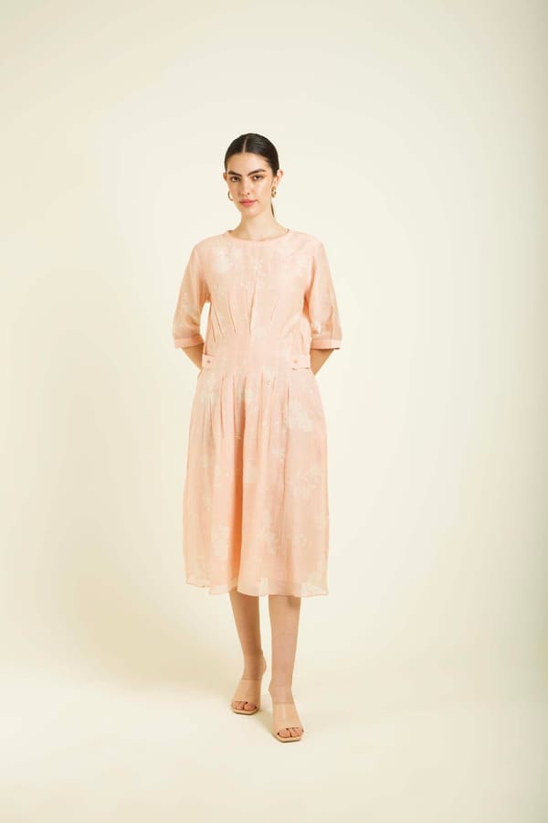 Old Rose Mul Chanderi Floral Print Pleated Midi Dress — Arcvsh Pallavi Singh