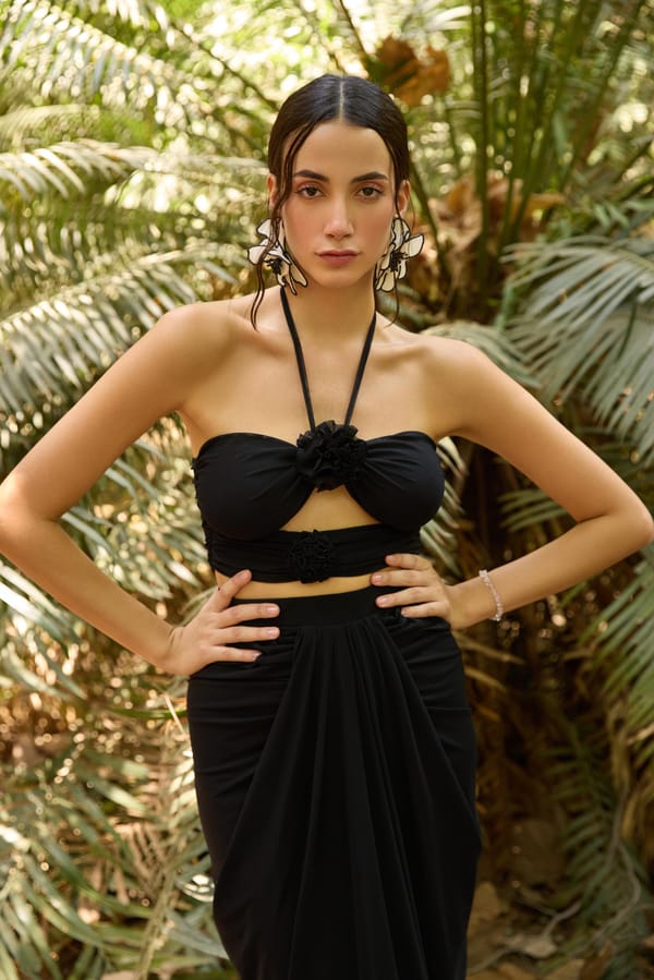 Black Halter Tie-Up Mesh Crop Top with Corsage Detail — The Clothing Factory