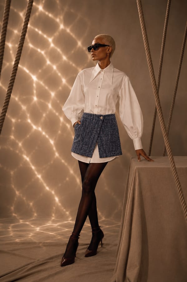 Lozenge shirt dress with overlap tweed skirt — AKSH