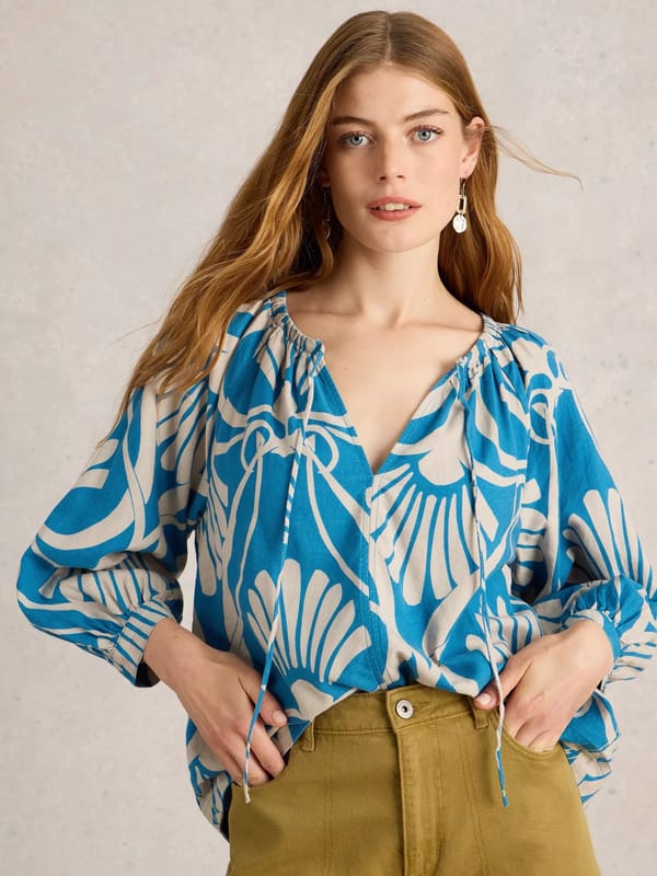 Blue and Off-White Abstract Print Tie-Up Neck Top — White Stuff