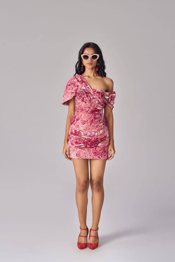 Pink One-Shoulder Abstract Floral Ruched Mini Dress — Saaksha and Kinni