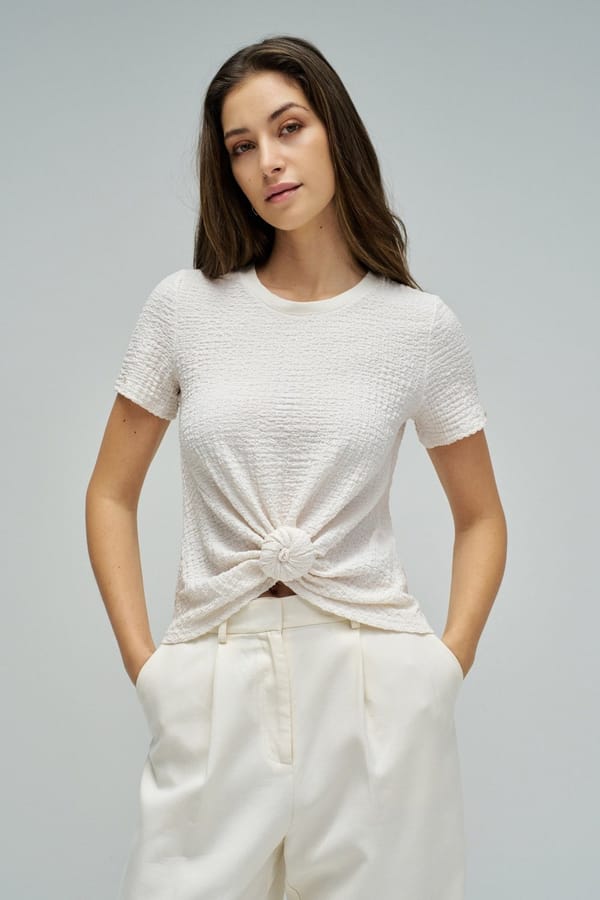 White Textured Knot-Front Round Neck T-Shirt — SALSA JEANS