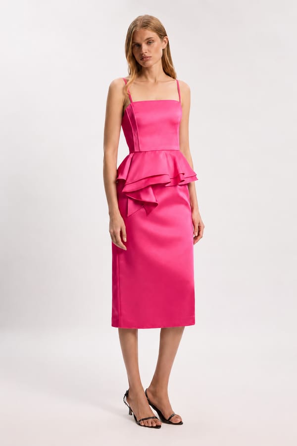 Bonded Satin Peplum Pencil Woven Midi Dress — KAREN MILLEN