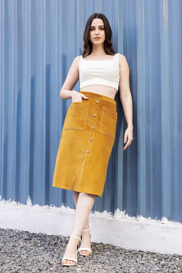 Mustard Charm Corduroy Midi Skirt — Julo