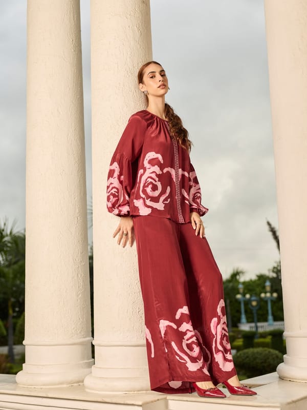 Wine Floral Printed Wide-Leg Trousers — Style Island