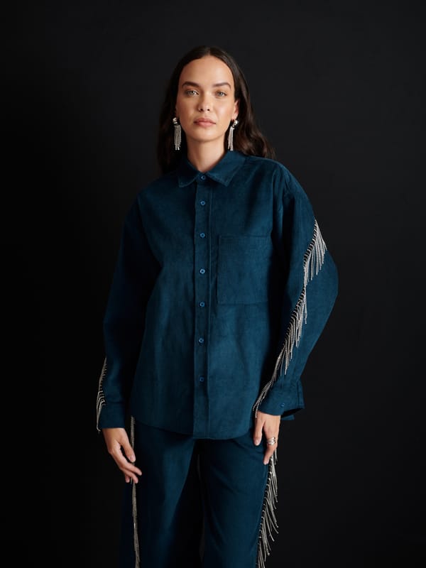 Space Blue Oversized Corduroy Shirt with Crystal Fringe — SISTER JANE