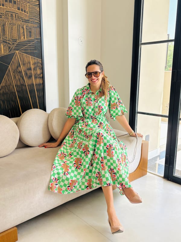 Green Checked Printed Cotton Fit and Flare Midi Shirt Dress — SHOP MIOWW